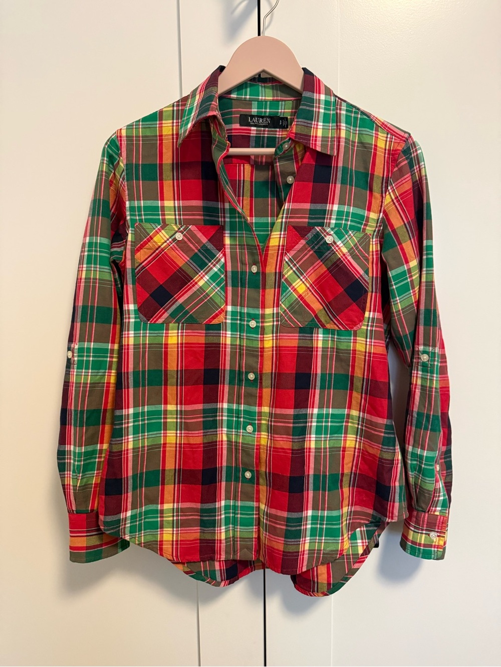 Lauren Ralph Lauren Cotton Madras Shirt 3/4 Roll-Tab Sleeve Button Front